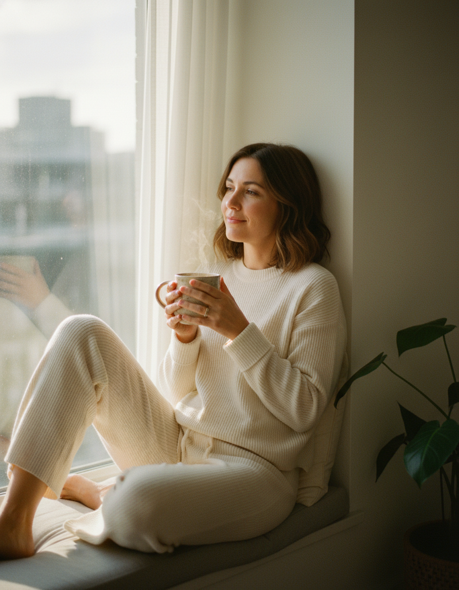 Woman in a sunlit kitchen holding a glass of water